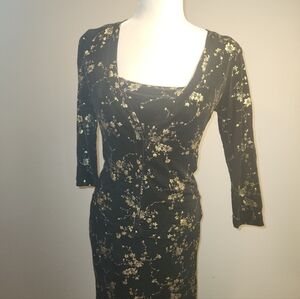 VTG 90S Betsey Johnson Black Metallic Gold Floral Maxi Dress Cardigan Shrug Set